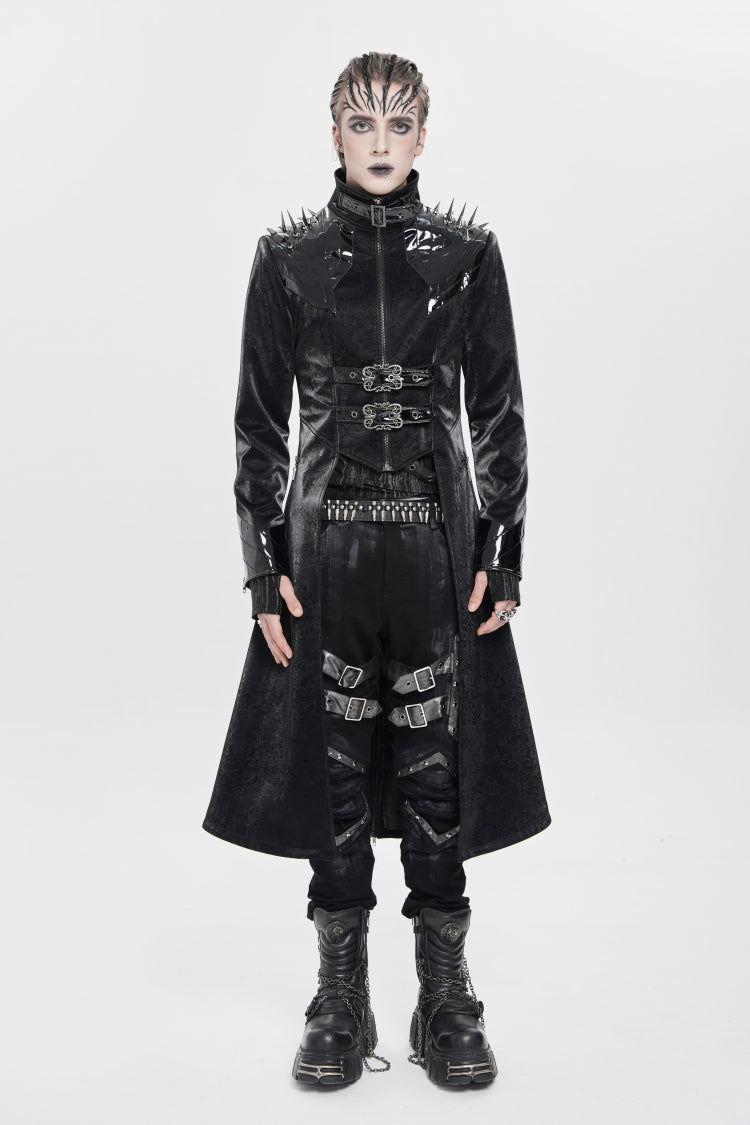 Black Stand Collar Floral Print Rivet Buckle Zipper Straps Men's Punk Coat - Black - 1