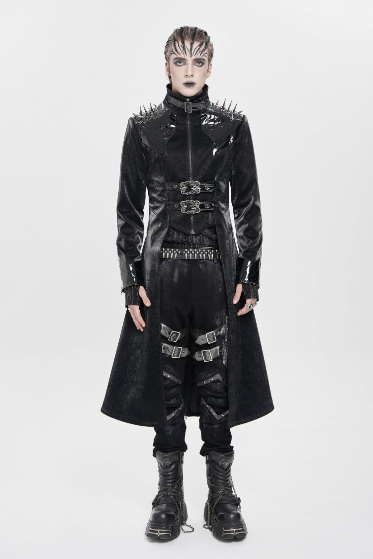 Black Stand Collar Floral Print Rivet Buckle Zipper Straps Men's Punk Coat - Black - 1