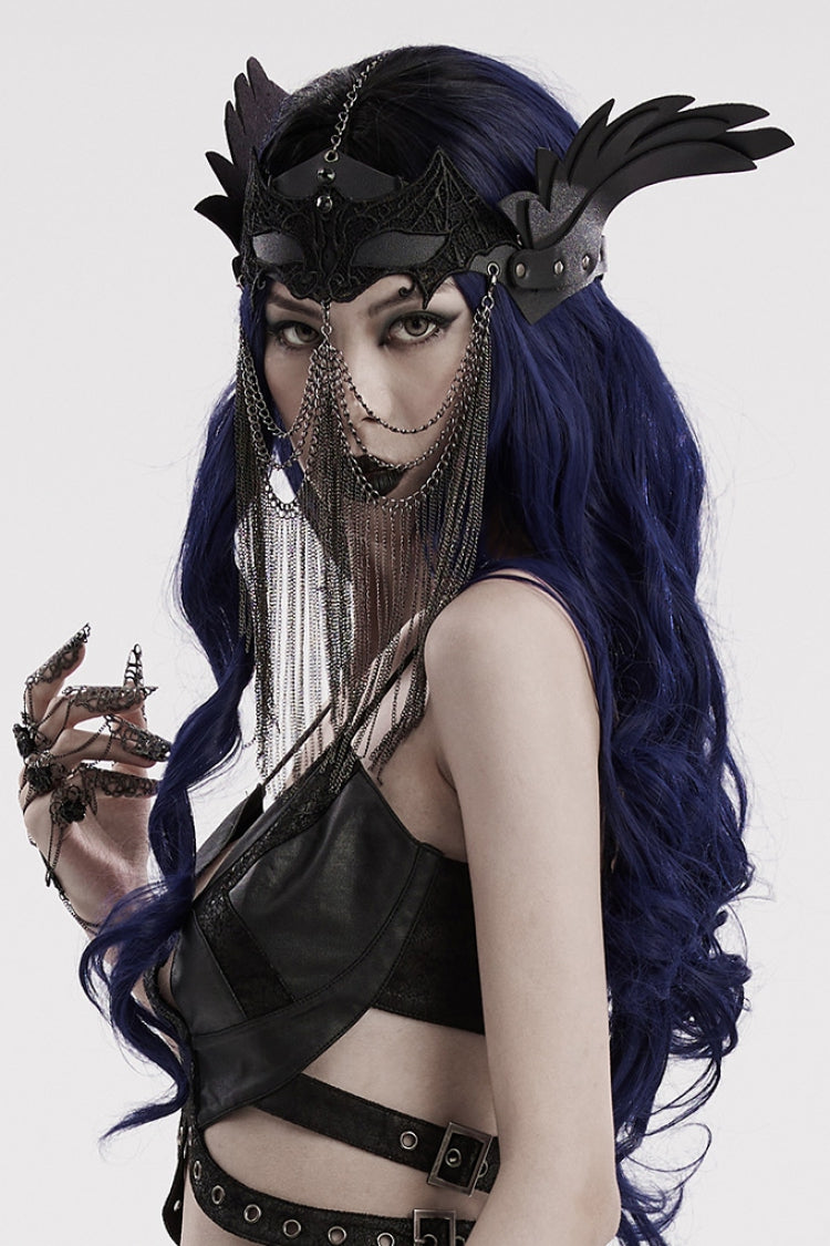 Black Artificial Leather Stitching Bat Shaped Lace Tassel Women's Steampunk Chain Mask - Product - 2