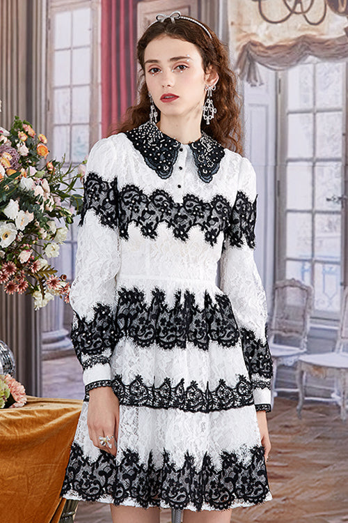 Black/White Lace Pearl Embroidered Doll Collar Long Sleeves High Waisted Sweet Lolita OP Dress - Product - 3