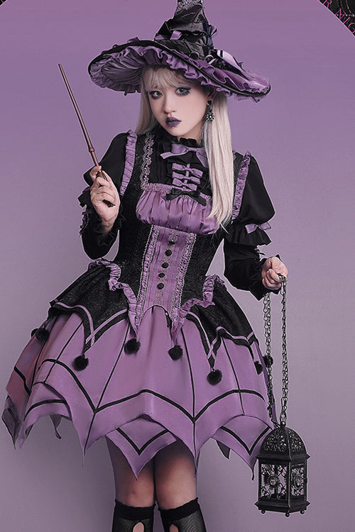 Black / Purple Round Collar Ruffled Long Sleeves Waist Irregular Hem Imp Sweet Lolita OP Dress Full Set - Product - 3