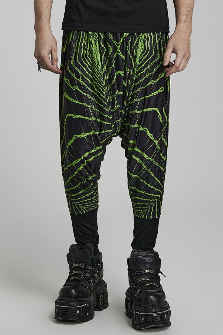 Green Halo Print Men's Sagging Pants - Green - 1