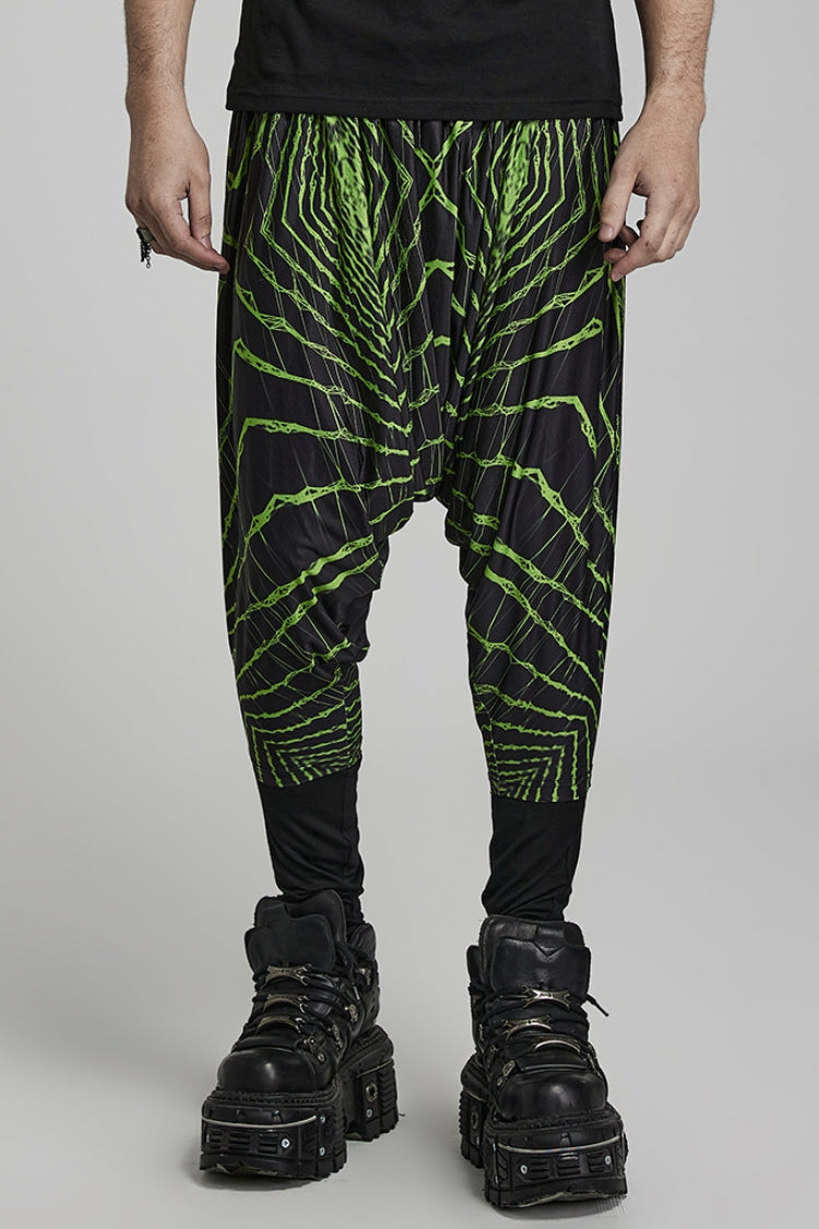 Green Halo Print Men's Sagging Pants - Green - 1