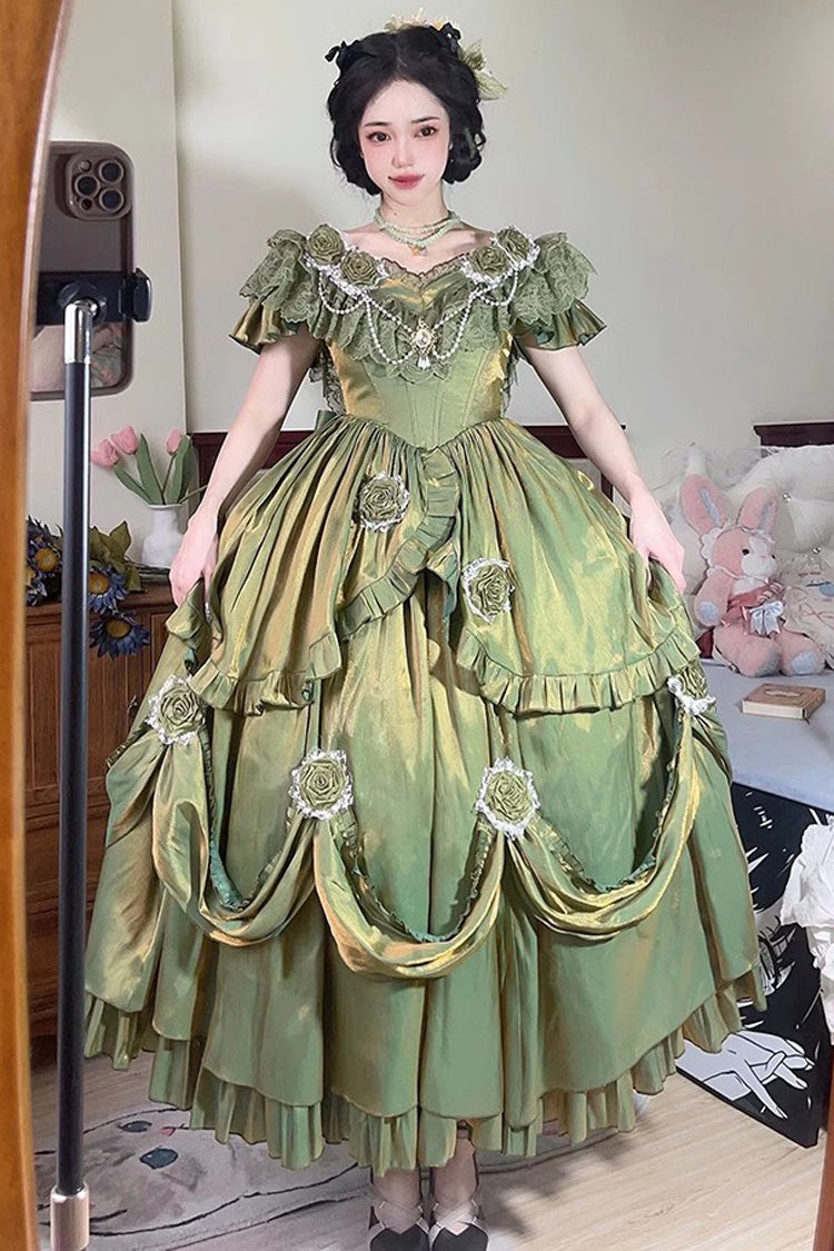 Green Tana Manor Rose Flower Long Sleeves Ruffle Bowknot Elegant Sweet Princess Lolita Strapless Dress - Product - 2