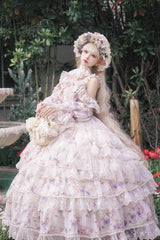Blue [Rose Letter] Off Shoulder Triple-Layered Print Ruffle Hanayome Sweet Princess Lolita Dress - Blue - 1