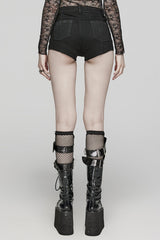 Black Faux Leather Stitching Mesh Eyelet Women's Punk Ring Shorts - Product - 3
