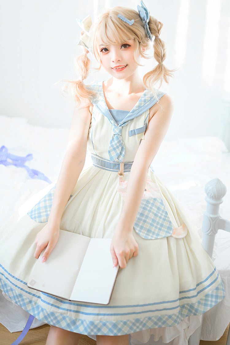 White/Blue Navy Style Cute Animals Print Sweet Princess Lolita Jsk Dress - Product - 5