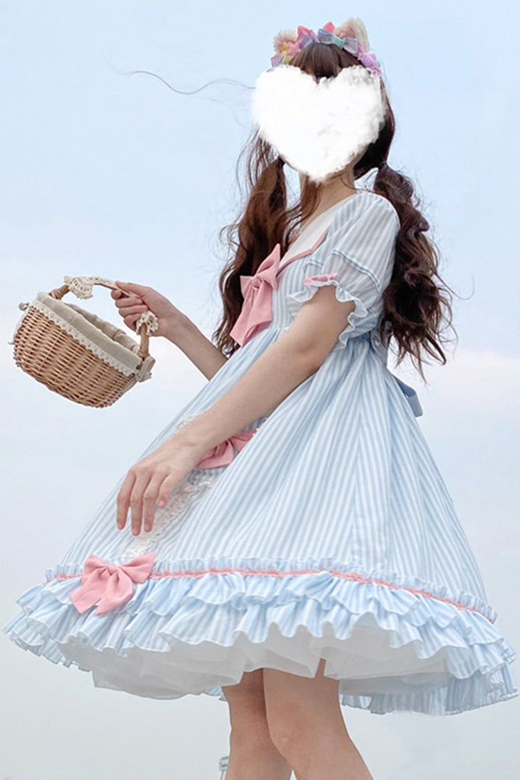 Navy Doll Collar Headbow Short Sleeve Striped Sweet Lolita Dress - Product - 3