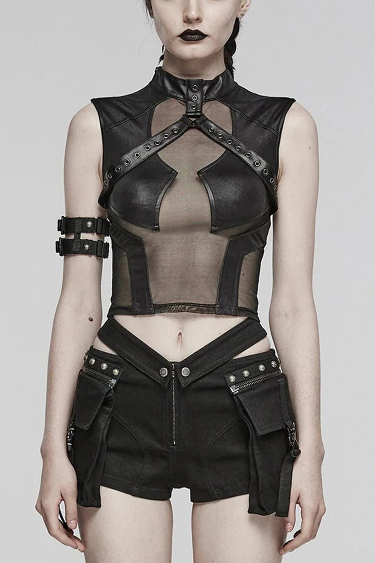 Black Leather Stitching Mesh Sheer Womens Steampunk Vest - Black - 1