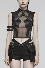 Black Leather Stitching Mesh Sheer Womens Steampunk Vest - Black - 1