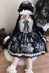Black [Antique Cat] Print Long Sleeves Ruffle Bowknot Gothic Princess Lolita Dress - Product - 5
