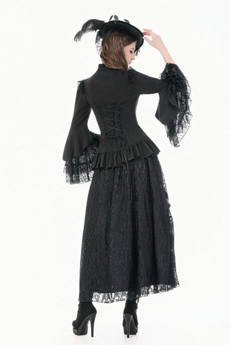 Black Stand Collar Long Trumpet Sleeves Multi-Layered Ruffled Lace Patchwork Lace-Up Women's Victorian Gothic Blouse - Product - 12
