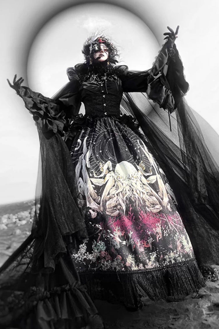 Black [Reborn Ancient God] Long Hime Sleeves Print Lace Gothic Lolita Skirt Dress Set - Product - 8