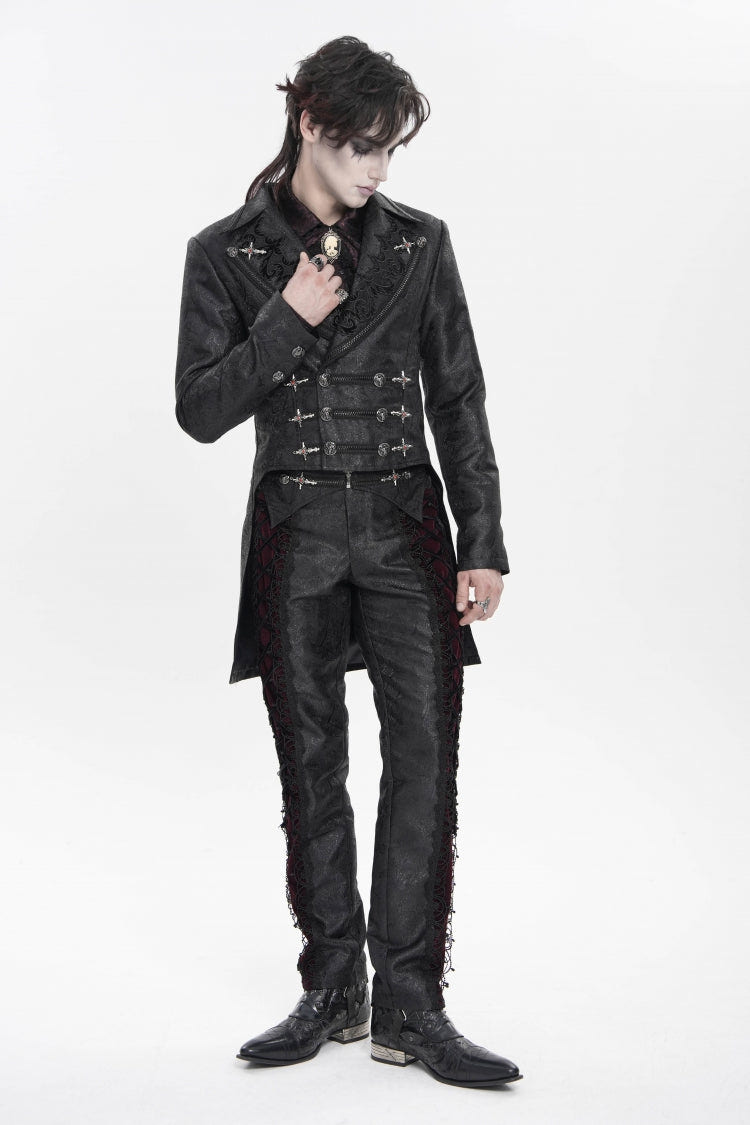 Black Lapel Collar Long Sleeves Lace-Up Slim Men's Gothic Handsome Double-Breasted Jacket - Product - 6