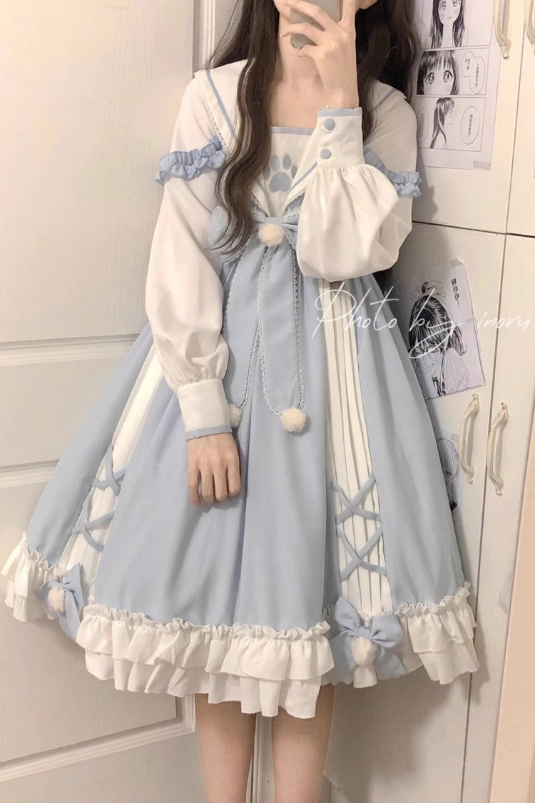White/Blue Navy Collar Long Sleeves Print Ruffle Bowknot Sweet Princess Lolita Dress - Product - 2