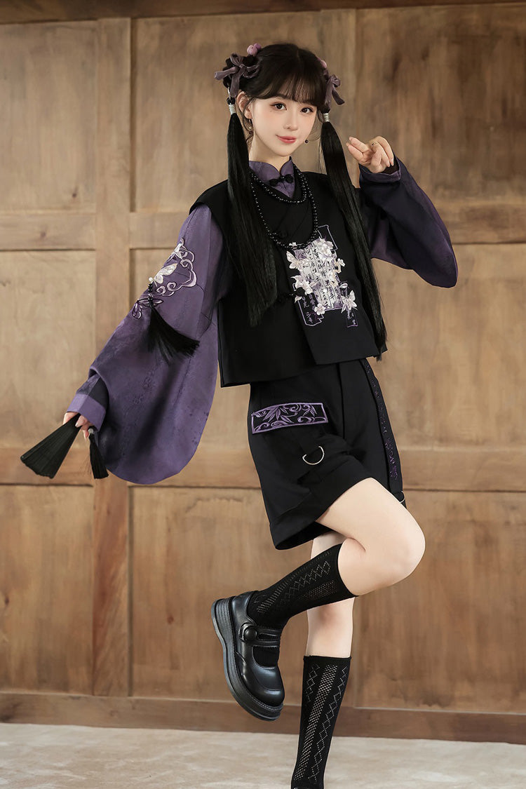 Black/Purple Stand Collar Long Sleeves Embroidery Classic Chinese Style Prince Hanfu Ouji Set - Product - 9