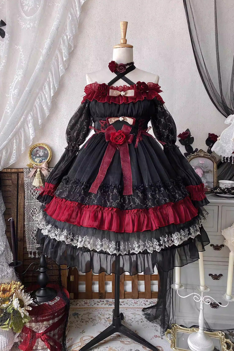 Black/Red [Perlia’s Night] Long Puff Sleeves Ruffled Open-Front Bow Lace Gothic Lolita Dress - Product - 9