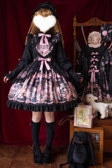 Black [The Case of the Missing Lamb] Print Ruffle Bowknot Lace Gothic Lolita SK Skirt - Product - 10