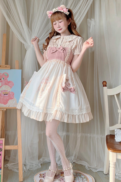 Beige Ruffled Bow Cute Bear Print High Waisted Sweet Lolita JSK Dress - Product - 3