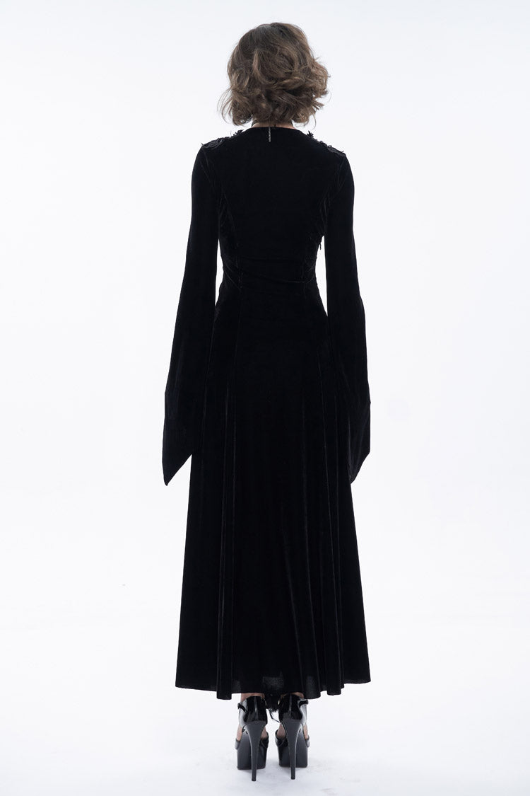 Black Embroidered Fringe Flared Sleeve Women's Gothic Dress - Product - 5