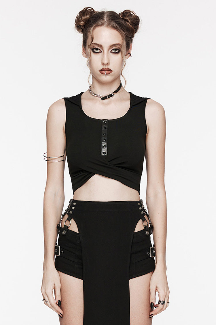Black Sleeveless Cutout Crossed Hooded Women's Punk Tank Top - Black - 1