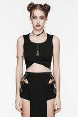 Black Sleeveless Cutout Crossed Hooded Women's Punk Tank Top - Black - 1