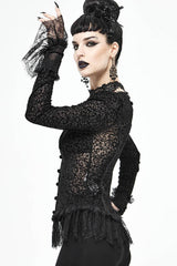 lack Gothic Flocking V-Neck Front Splice Velvet Long Sleeve Lace Hem Women's Blouse - Product - 5