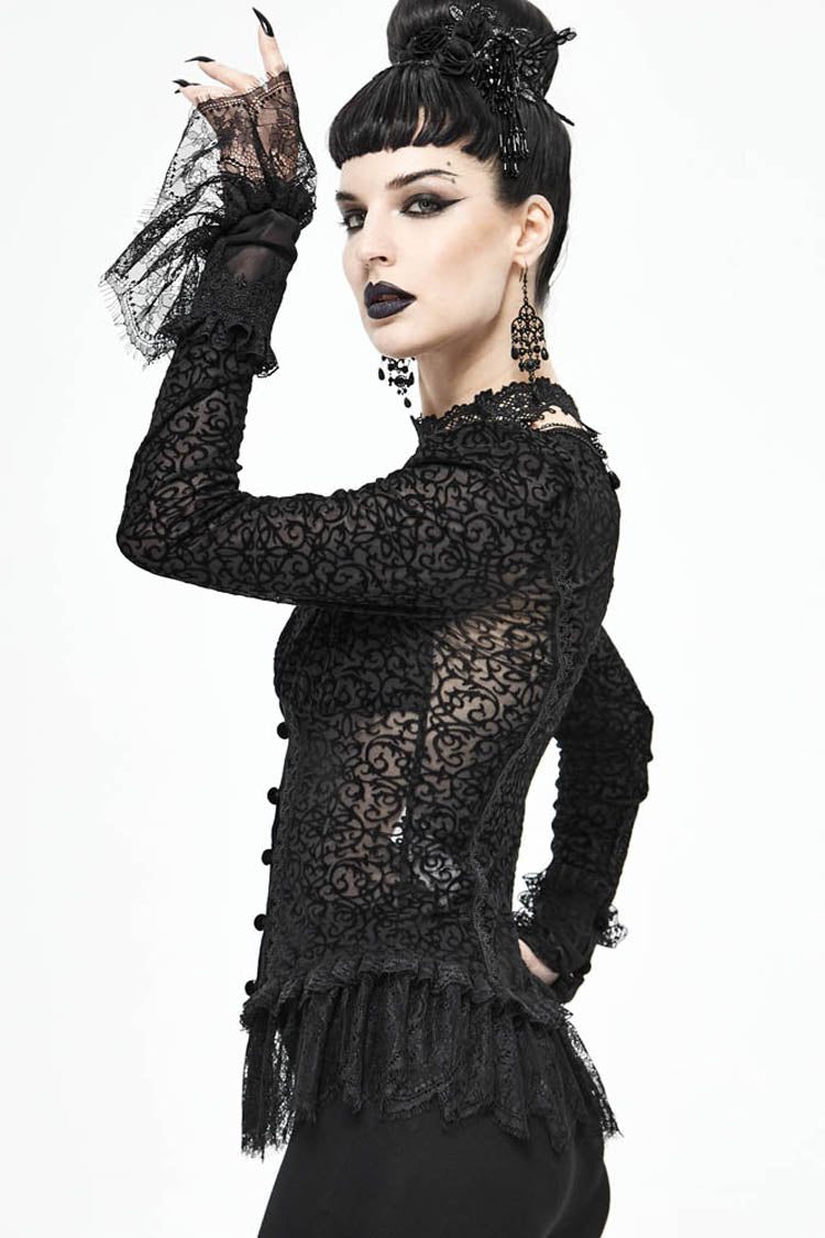 lack Gothic Flocking V-Neck Front Splice Velvet Long Sleeve Lace Hem Women's Blouse - Product - 5