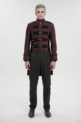 Red Silk Stand Collar Printed Metal Breasted Cross Zipper Back Slit Vintage Men's Gothic Jacket - Product - 2