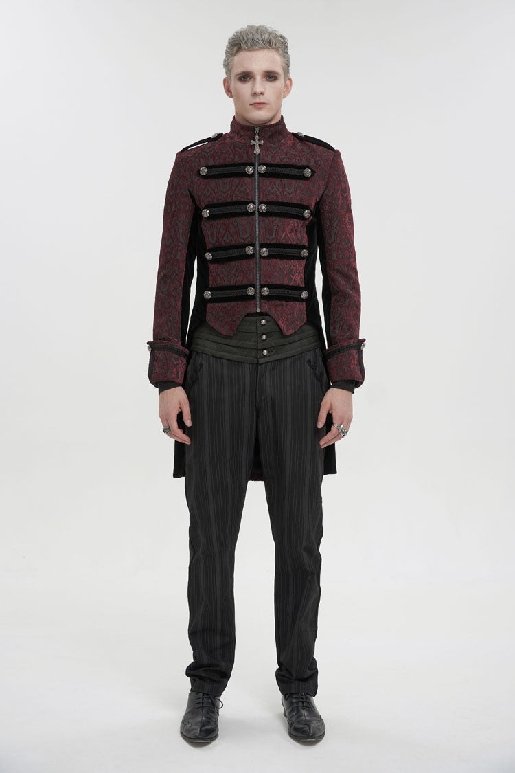 Red Silk Stand Collar Printed Metal Breasted Cross Zipper Back Slit Vintage Men's Gothic Jacket - Product - 2