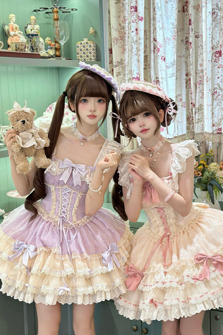 Purple [Flory Butterfly] Double-Layered Ruffle Bowknot Lace Lace-Up Sweet Ballet Lolita Jsk Dress - Product - 11