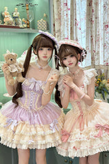 Apricot [Flory Butterfly] Double-Layered Ruffle Bowknot Lace Lace-Up Sweet Ballet Lolita Jsk Dress - Product - 7