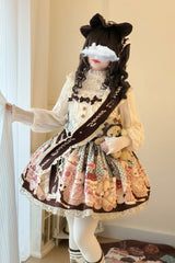 Multi-Color [Cat Chocolate Patisserie] Sleeveless Printed Ruffled Bow Lace Sweet Lolita Strap Dress - Multi-Color - 1