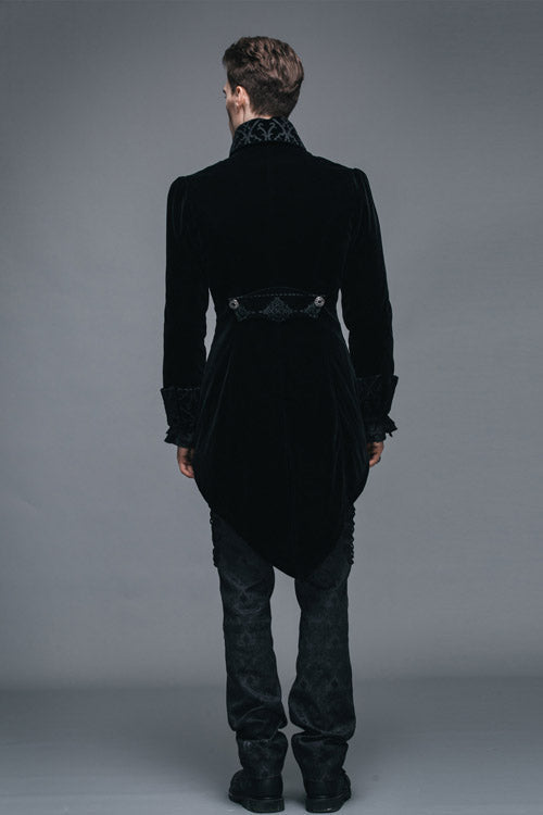 Black Embroidered Collar Long Sleeves Mens Velveteen Tuxedo Gothic Coat - Product - 8