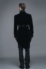 Black Embroidered Collar Long Sleeves Mens Velveteen Tuxedo Gothic Coat - Product - 8