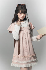 Pink [Polka Dot Bouclé] Round Collar Long Sleeves Printed Ruffled Faux Two-Piece Sweet Japanese Lolita Dress - Product - 2