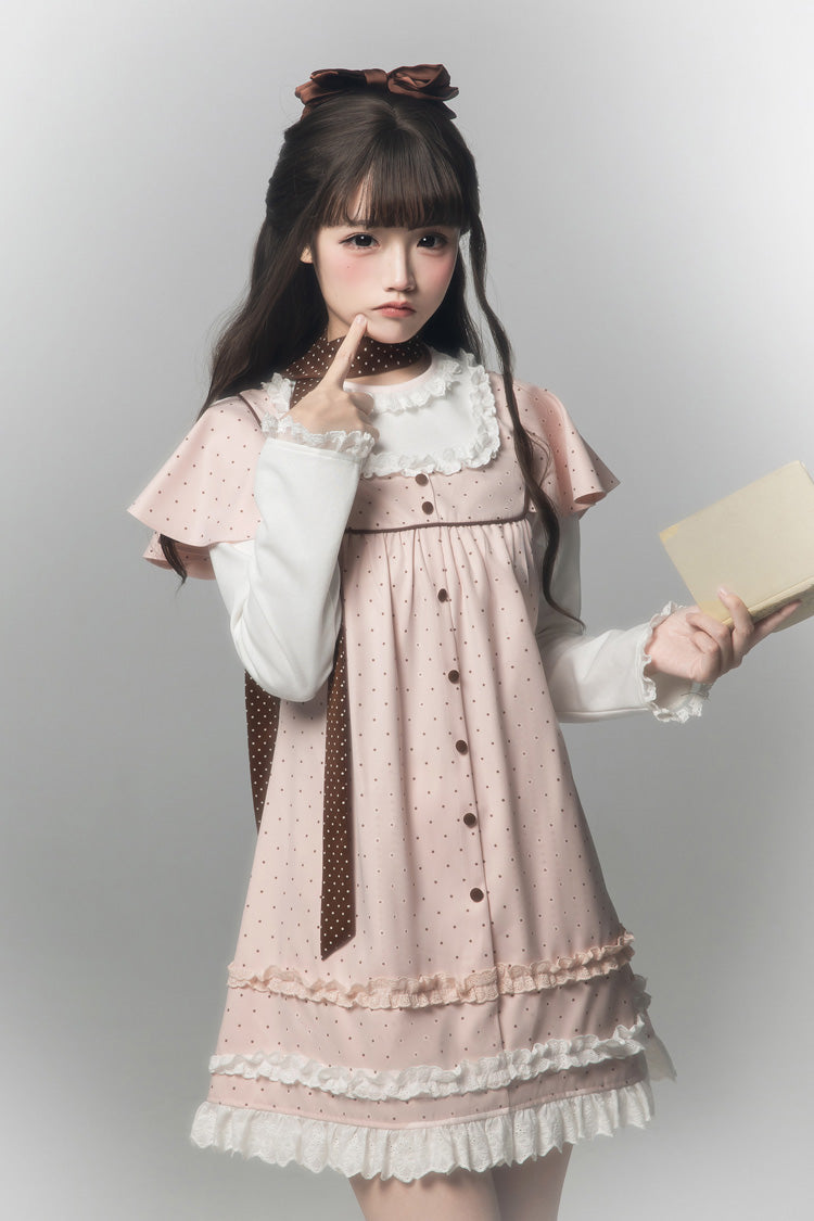 Pink [Polka Dot Bouclé] Round Collar Long Sleeves Printed Ruffled Faux Two-Piece Sweet Japanese Lolita Dress - Product - 2