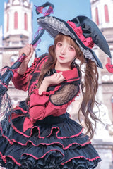 Black/Red [Showa Cake] Sleeveless Triple-Layered Ruffled Bow Lace-Up Witch Gothic Lolita Jsk Dress - Product - 4