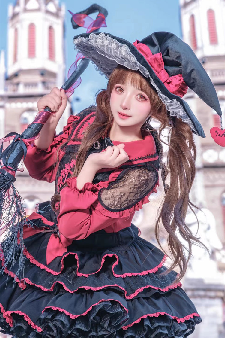 Black/Red [Showa Cake] Sleeveless Triple-Layered Ruffled Bow Lace-Up Witch Gothic Lolita Jsk Dress - Product - 4