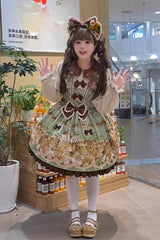 Green [Squirrel Chocolate Shop] Doll Collar Long Sleeves Printed Ruffled Bow Sweet Lolita Dress - Green - 1