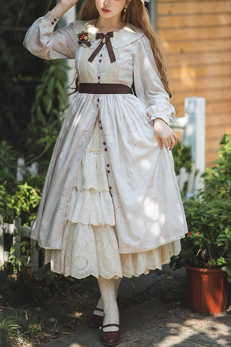 Forest Illustrated Book Long Lantern Sleeves Print Ruffle Sweet Lolita OP Dress 3 Colors - White - 1