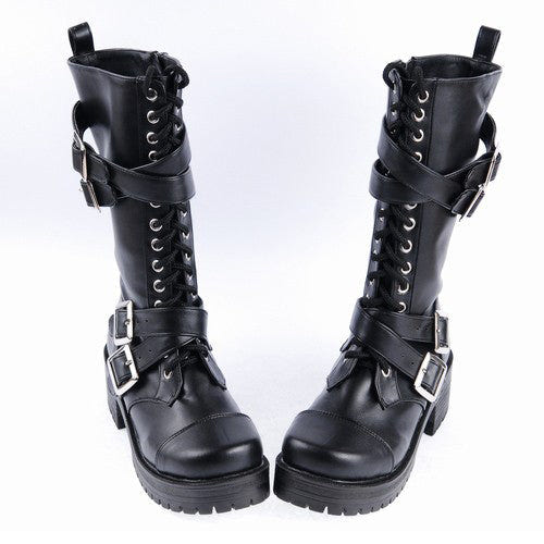 Black Stylish Patent Leather Straps Buckles Gothic Lolita Boots - Product - 3