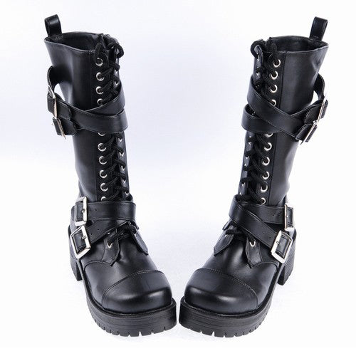 Black Stylish Patent Leather Straps Buckles Gothic Lolita Boots - Product - 3