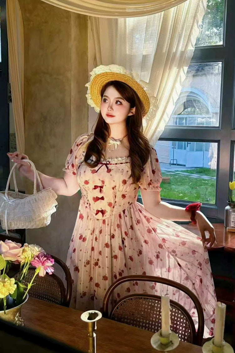 Pink Square Collar Short Sleeves High Waisted Rose Printed Ruffled Sweet Plus Size Lolita Dress - Product - 3