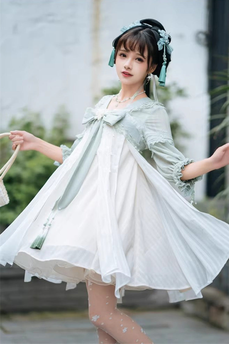 White/Green Half Sleeves Ruffled Bow Sweet Chinese Style Lolita Hanfu Dress - Product - 2