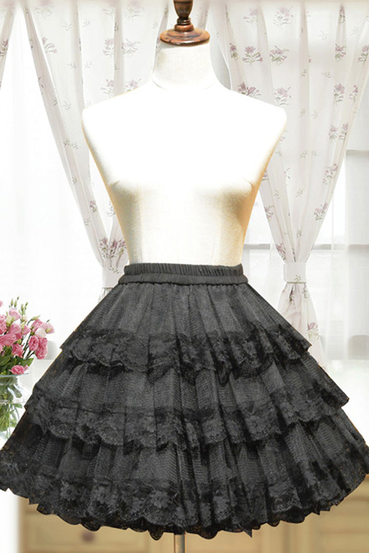 Black Cotton Organza Lining Lace Gothic Lolita Tiered Skirt - Black - 2