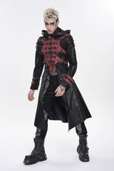 Black Stand Collar Long Sleeves Printed Spliced Studded Buckled Zippered Eyelet Men's Punk Cool Hooded Jacket - Product - 7