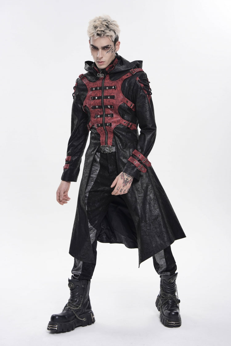 Black Stand Collar Long Sleeves Printed Spliced Studded Buckled Zippered Eyelet Men's Punk Cool Hooded Jacket - Product - 7