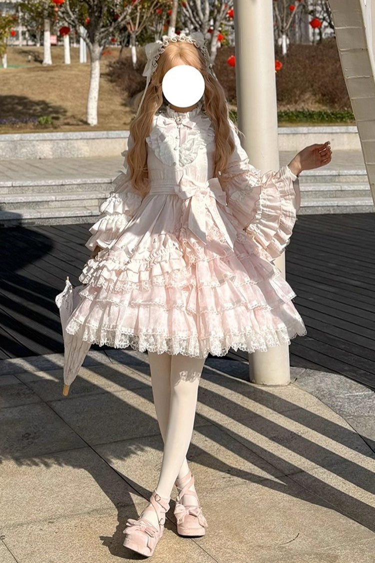 Pink [The Soloist Doll] Long Hime Sleeves Multi-Layered Print Ruffle Bowknot Asymmetric Sweet Lolita Dress - Product - 15
