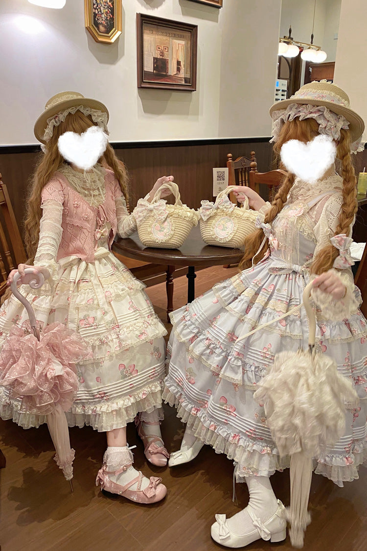 [Strawberry Garden] Sleeveless Multi-Layered Printed Ruffled Bow Sweet Lolita Jsk Dress 2 Colors - Product - 9